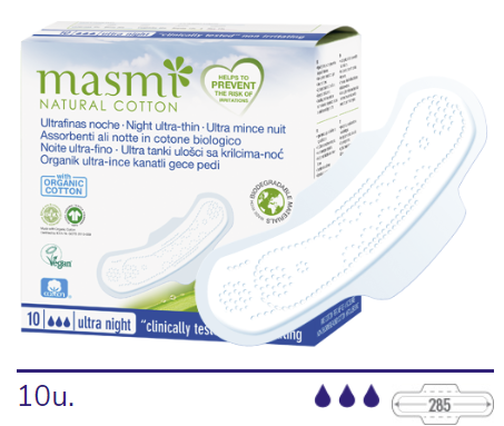 MASMI COMPRESAS ALAS ULTRA NOCHE 10 UNID. 100% ALGODON