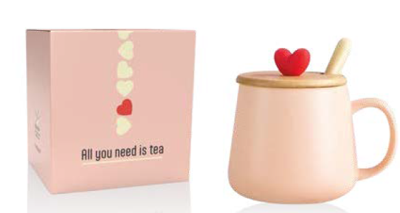 TAZA HEART LIGHT PINK con cucharilla 450 ml.